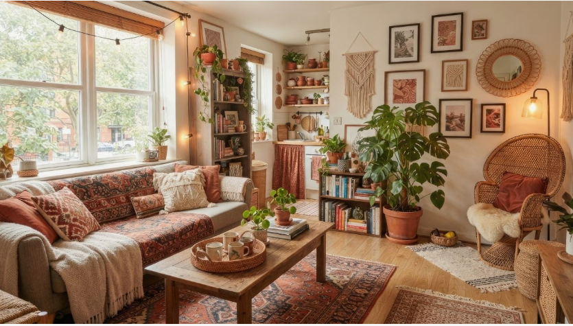 "Cozy home decor ideas for a small apartment featuring a bohemian living room with patterned textiles, a wooden coffee table, lush potted plants, and a gallery wall with a round rattan mirror."