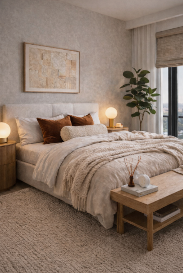 "Cozy home decor ideas for a small apartment featuring a serene bedroom with neutral bedding, warm accent pillows, a wooden end-of-bed bench, and bedside globe lamps."