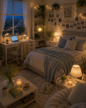 "Cozy home decor ideas for a small apartment featuring a warm and inviting bedroom with string lights, a photo wall collage, a made bed with blue bedding, a study desk by the window, and a reading nook with a lamp."