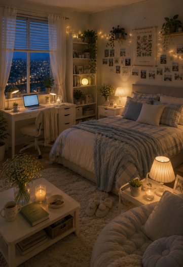 "Cozy home decor ideas for a small apartment featuring a warm and inviting bedroom with string lights, a photo wall collage, a made bed with blue bedding, a study desk by the window, and a reading nook with a lamp."