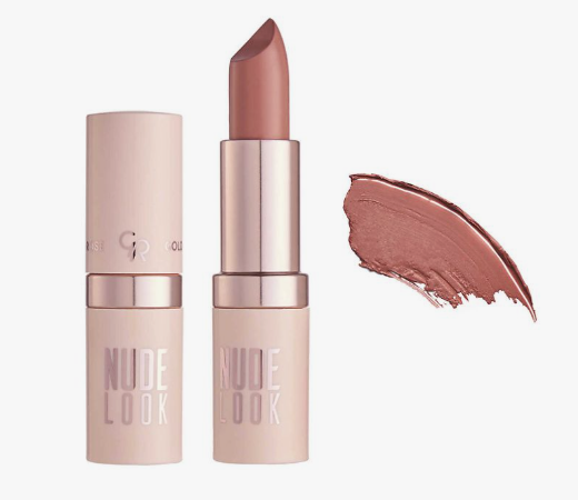 Matte Lipstick Styles in 2026: Modern Looks, Shades & Easy Tips Product shot of a Golden Rose "Nude Look" matte lipstick tube next to an open bullet and a matching neutral pink-brown swatch on a plain background.