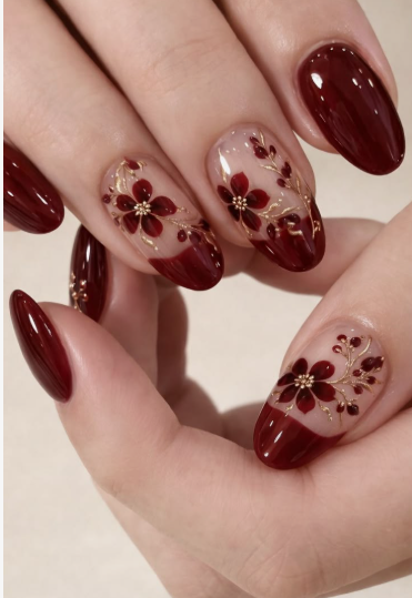 Elegant oval-shaped burgundy nail designs featuring a mix of solid deep dark red nails, shimmering gold foil accents, and delicate painted floral nail art on a nude base.