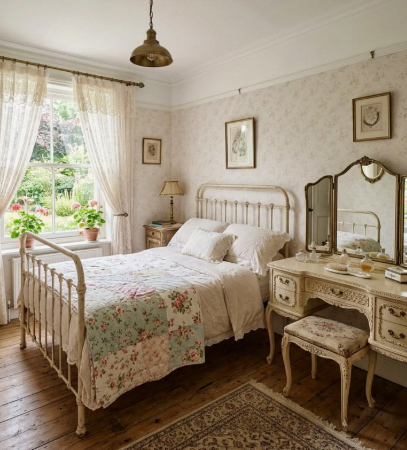 "A sunlit country-style bedroom showcasing Vintage Modern Home Decor Ideas, featuring an iron frame bed with floral patchwork bedding, a vintage triple-mirror vanity with a matching stool, sheer lace curtains, and a patterned area rug over wooden floors."