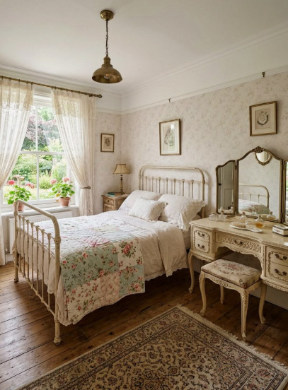 "A sunlit country-style bedroom showcasing Vintage Modern Home Decor Ideas, featuring an iron frame bed with floral patchwork bedding, a vintage triple-mirror vanity with a matching stool, sheer lace curtains, and a patterned area rug over wooden floors."
