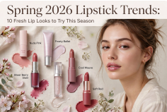 Spring 2026 lipstick trends featured in a flat-lay and portrait collage displaying various lip products like Sheer Berry Stain, Nude Pink, Frosty Ballet, Cool Mauve, and Soft Red alongside makeup swatches and pink flowers.