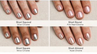 A collage showcasing four styles of short chrome nails: short squoval with silver chrome, short round with pink pearl chrome, short square with mirror chrome, and short almond with nude chrome.