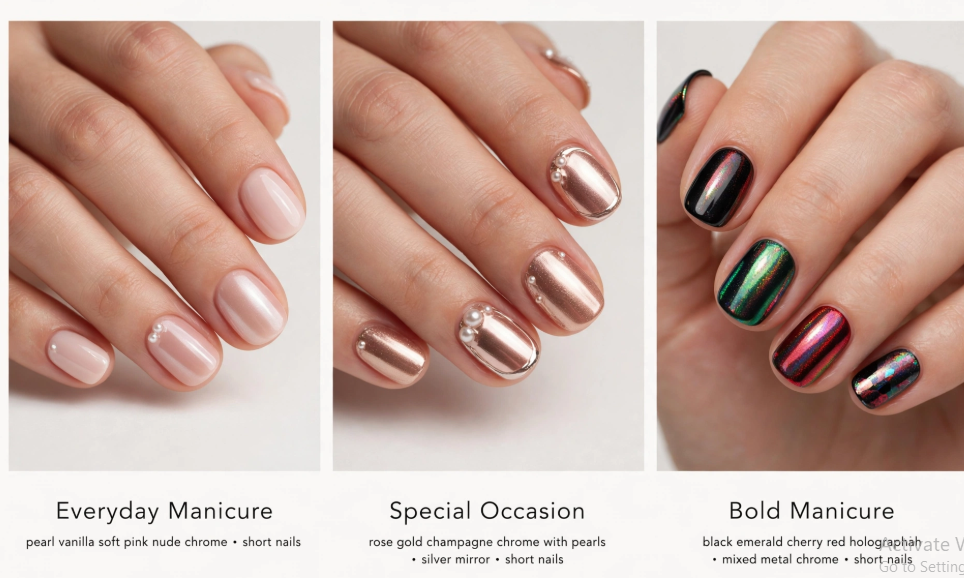 A three-panel collage showcasing short chrome nails for different occasions: Everyday Manicure with pearl vanilla soft pink chrome, Special Occasion with rose gold champagne chrome and pearls, and Bold Manicure with black, emerald, cherry red, and holographic mixed metal chrome
