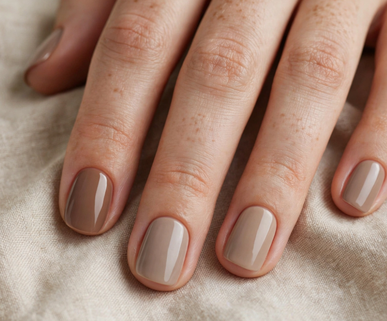 "Brown nail ideas for short nails showcasing soft neutral and light latte nude tones on short square nails."