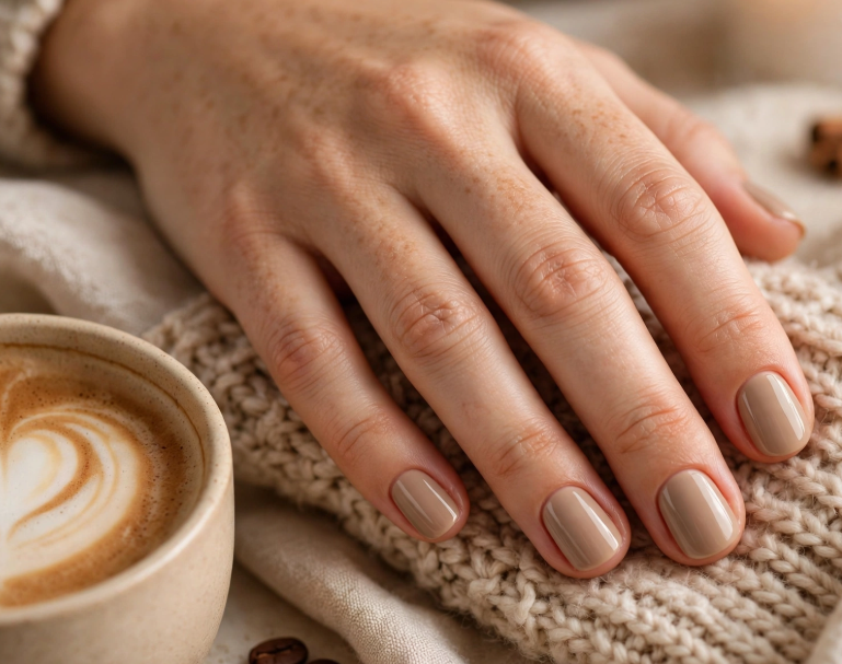 "Brown nail ideas for short nails showcasing glossy light taupe or latte nude polish on short square nails next to a coffee cup."