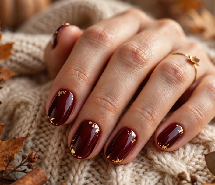 Short fall nail ideas 2026 showcasing short rounded glossy burgundy red nails accented with shimmering gold foil flakes along the tips, styled with a cozy knit sweater and gold ring.