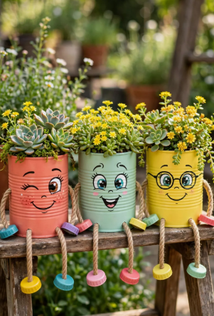 A trio of recycled household item crafts made from painted tin cans styled as cute characters with smiling faces, dangling rope legs with bottle cap feet, and planted with small succulents and yellow flowers on a wooden bench.