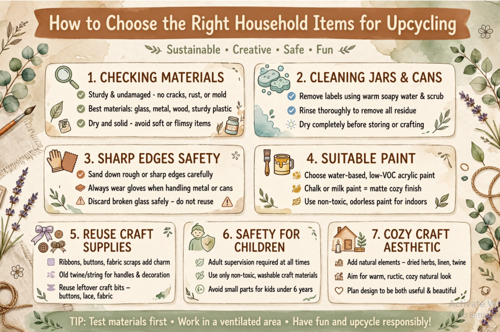20 Recycled Household Item Crafts for a Creative Home An informational infographic titled "How to Choose the Right Household Items for Upcycling" featuring seven illustrated tips for recycled household item crafts, covering material checks, cleaning, sharp edges safety, paint selection, craft supplies, child safety, and cozy aesthetics.