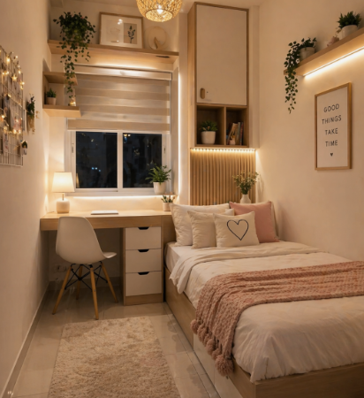 Small Bedroom Ideas With No Closet: Smart Storage Solutions Small bedroom idea with no closet featuring a compact desk and chair setup beneath a window, paired with a twin bed with built-in storage drawers, vertical wall cabinetry with warm under-glow LED lighting, and floating shelves.