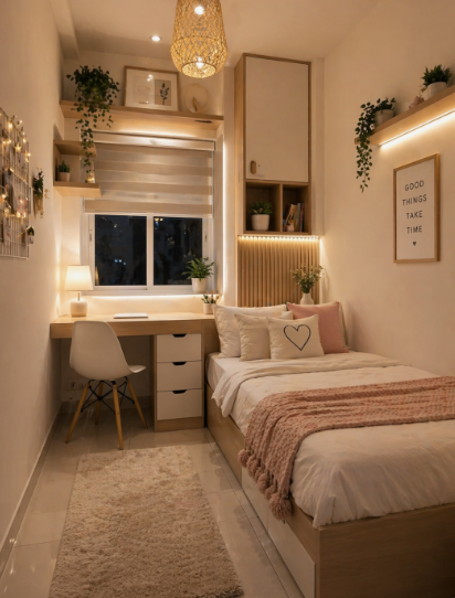 Small bedroom idea with no closet featuring a compact desk and chair setup beneath a window, paired with a twin bed with built-in storage drawers, vertical wall cabinetry with warm under-glow LED lighting, and floating shelves.