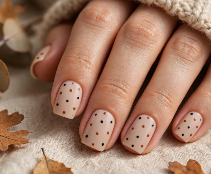 Easy nail designs for short nails: A close-up of short, squared-off nails painted with a neutral nude base and decorated with tiny scattered polka dots in black and brown.