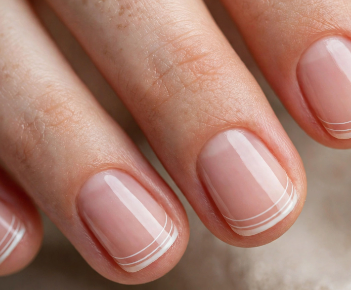 Easy nail designs for short nails: A close-up view of short, clean, squared-off nails featuring a glossy neutral base styled with delicate, double white line French tips.