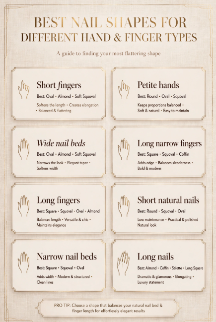 An informational graphic titled "Best Nail Shapes for Different Hand & Finger Types" outlining recommended styles such as oval, almond, soft squoval, round, and square for short fingers, wide nail beds, petite hands, long fingers, narrow nail beds, and more.
