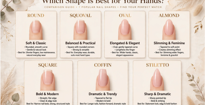 An informational comparison guide titled "Nail Shapes Explained: Which Shape Is Best for Your Hands?" breaking down seven popular nail shapes—round, squoval, oval, almond, square, coffin, and stiletto—highlighting their unique features, best hand types, and a concluding tip on matching your shape to your lifestyle.
