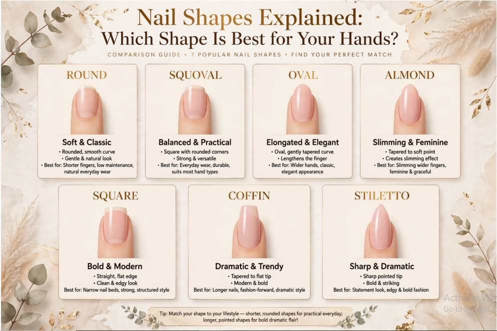 An informational comparison guide titled "Nail Shapes Explained: Which Shape Is Best for Your Hands?" breaking down seven popular nail shapes—round, squoval, oval, almond, square, coffin, and stiletto—highlighting their unique features, best hand types, and a concluding tip on matching your shape to your lifestyle.