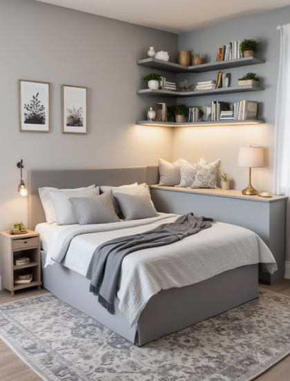 Small Bedroom Layout Ideas: How to Arrange Furniture in a Tiny Room Small bedroom layout idea featuring a gray corner bed flanked by built-in ledges, wall-mounted floating shelves, and a patterned area rug.
