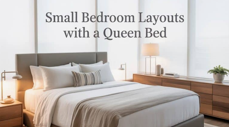 Small Bedroom Layout Ideas: How to Arrange Furniture in a Tiny Room Small bedroom layout idea featuring a queen bed placed against a neutral wall with matching nightstands, lamps, and a long low dresser beneath large windows.