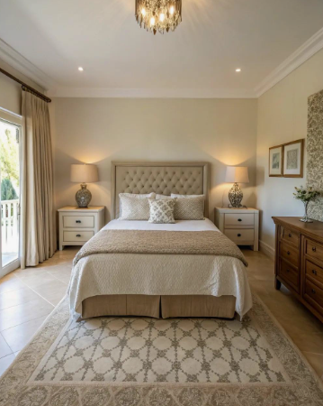 Small Bedroom Layout Ideas: How to Arrange Furniture in a Tiny Room Small bedroom layout idea featuring a tufted upholstered bed centered between matching nightstands with table lamps, a long wooden dresser, and a decorative area rug underfoot.