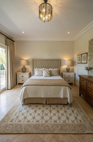 Small bedroom layout idea featuring a tufted upholstered bed centered between matching nightstands with table lamps, a long wooden dresser, and a decorative area rug underfoot.