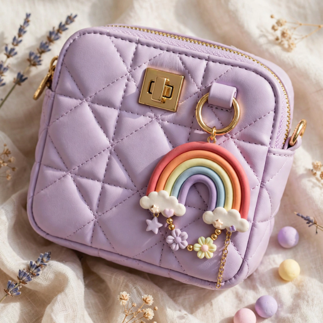 DIY clay bag charms featuring a colorful pastel rainbow with clouds, stars, and flowers attached to a quilted light purple purse.