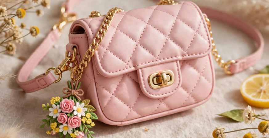 20 DIY Clay Bag Charms That Are Cute, Easy, and Customizable DIY clay bag charms featuring a miniature bouquet of pink and white handmade flower charms attached to a quilted pink shoulder bag with a gold chain strap