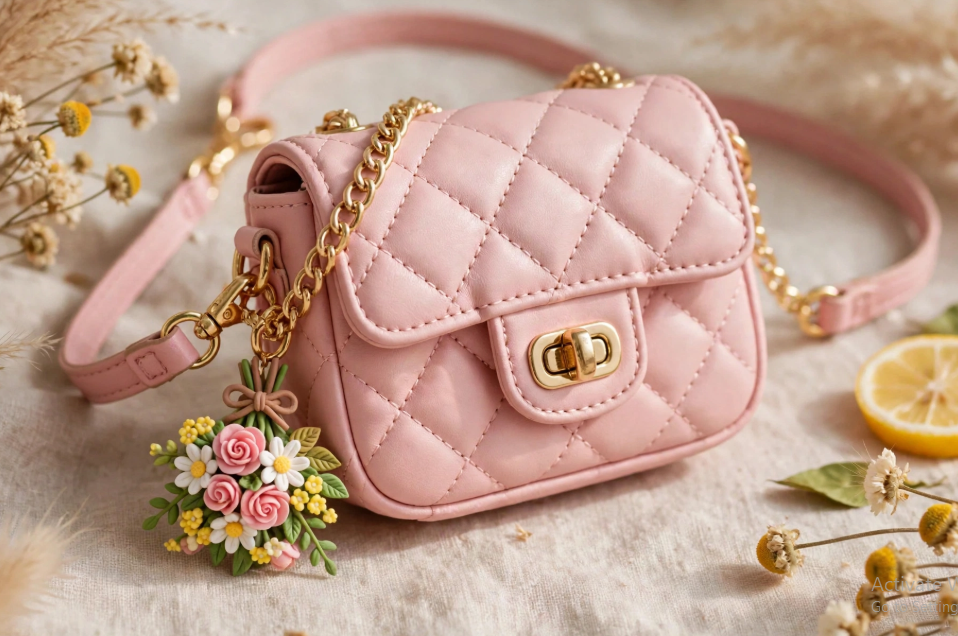 DIY clay bag charms featuring a miniature bouquet of pink and white handmade flower charms attached to a quilted pink shoulder bag with a gold chain strap