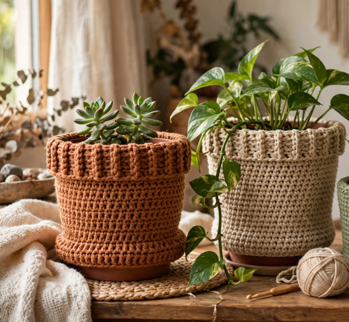 Potted plants wrapped in textured, handmade crocheted plant cozies, displayed as inspiration for 15 Crochet Upcycle Ideas.   