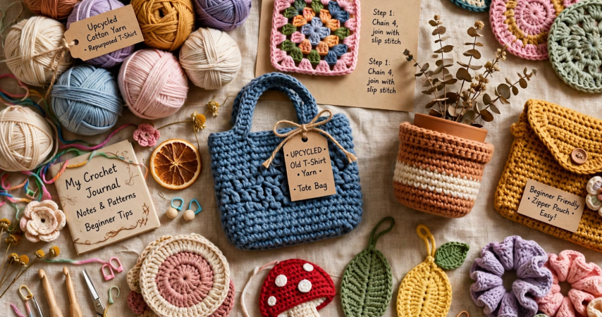 15 Crochet Upcycle Ideas to Give Old Materials a New Life A flat lay of beginner-friendly upcycled crochet crafts made from t-shirt yarn, including a blue mini tote bag, a planter cozy, granny squares, coasters, and colorful accessories arranged alongside yarn balls and tools.