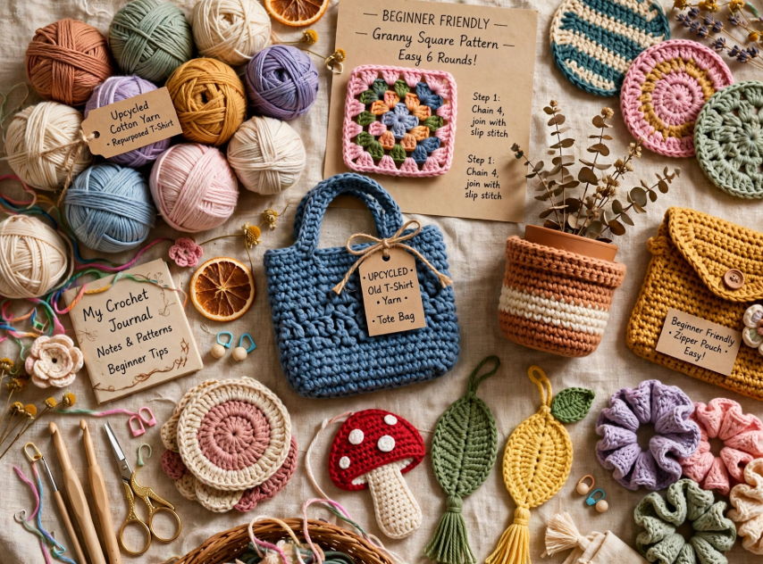 A flat lay of beginner-friendly upcycled crochet crafts made from t-shirt yarn, including a blue mini tote bag, a planter cozy, granny squares, coasters, and colorful accessories arranged alongside yarn balls and tools.