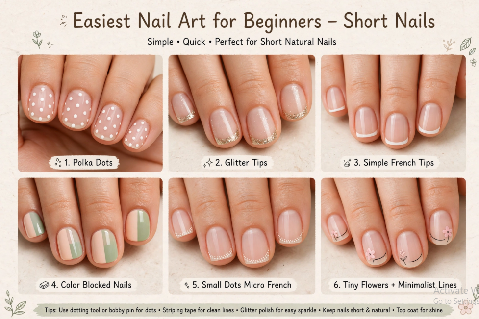 6 easy nail art for beginners designs on short nails including polka dots, glitter tips, French tips, color blocking, micro dot French, and tiny floral lines.   