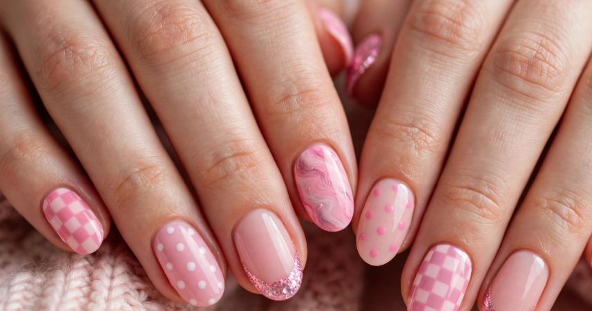 Pink mix-and-match nail art for beginners featuring pink checkered patterns, polka dots, marble swirls, and glitter French tips on oval nails.