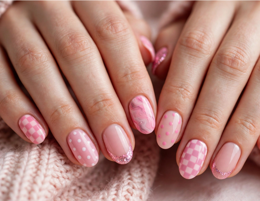 Pink mix-and-match nail art for beginners featuring pink checkered patterns, polka dots, marble swirls, and glitter French tips on oval nails.
