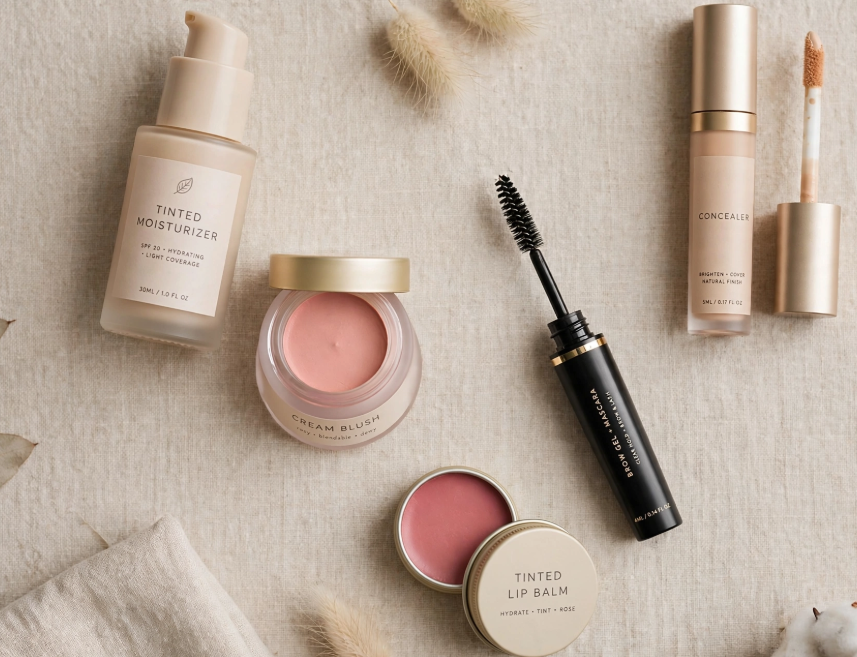 Flat lay of a minimal makeup routine with only 5 products including tinted moisturizer, concealer, cream blush pot, brow gel and mascara, and tinted lip balm tin.