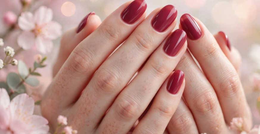 Nail Art Without Tools: 20 Easy Designs Classic glossy berry red nail art without tools on neat oval nails