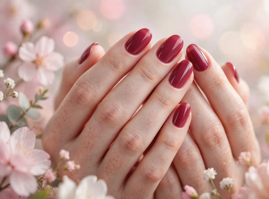 Classic glossy berry red nail art without tools on neat oval nails