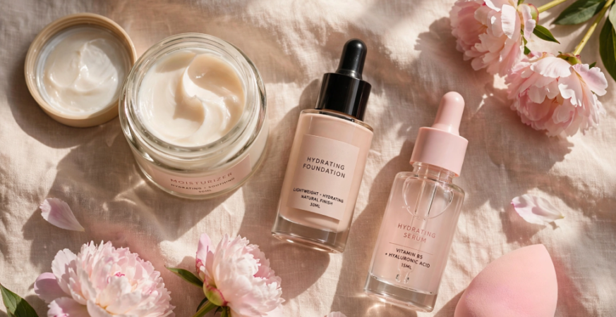 Flat lay of hydrating makeup essentials featuring rich cream moisturizer, lightweight hydrating foundation, hyaluronic acid serum, and a pink beauty sponge styled with fresh peonies to answer why does my makeup look dry.
