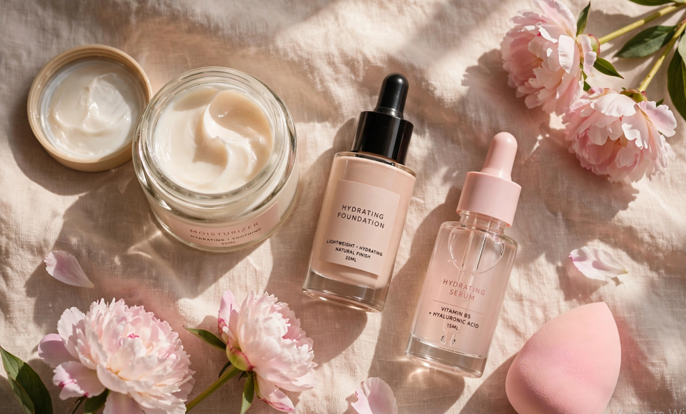 Flat lay of hydrating makeup essentials featuring rich cream moisturizer, lightweight hydrating foundation, hyaluronic acid serum, and a pink beauty sponge styled with fresh peonies to answer why does my makeup look dry.