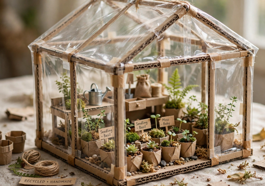 A miniature greenhouse crafted from corrugated cardboard and clear plastic wrap, filled with tiny paper plant pots, seedlings, and potting tools as miniature crafts from recycled materials.   