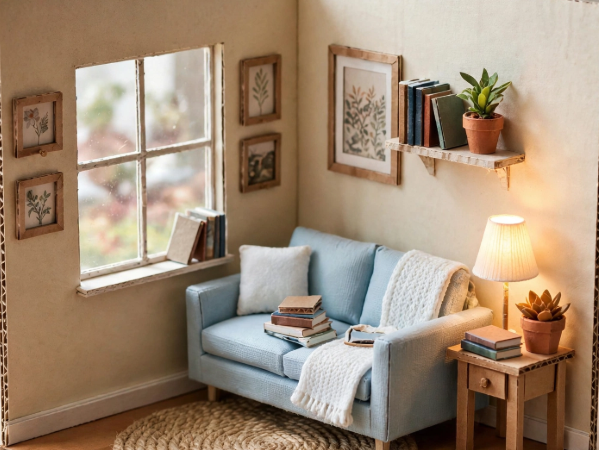 20 Miniature Crafts From Recycled Materials A miniature dollhouse living room dioroma built inside a cardboard box frame, featuring a tiny blue sofa, side table with lamp, wall shelf, and jute rug as miniature crafts from recycled materials.