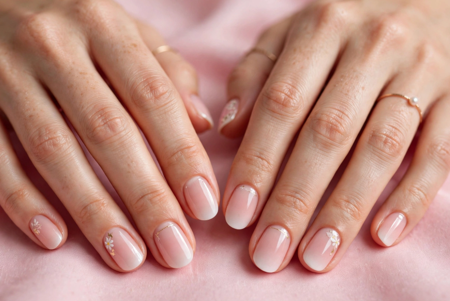 Elegant ombre nail art with regular polish featuring delicate white floral accents and thin gold foil details on short natural nails.