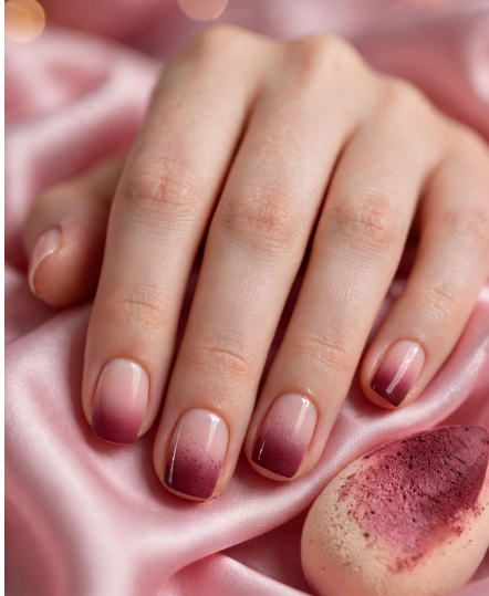 Gradient berry ombre nail art with regular polish blended from nude to deep mauve tips using a makeup sponge.