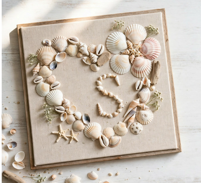 Framed canvas wall art featuring a heart-shaped seashell wreath with a monogram letter S, an idea for crafts you can finish in one afternoon.