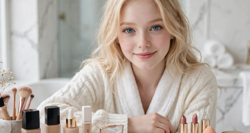 Blonde woman sitting with skincare and cosmetics vanity to explain why does my foundation look cakey