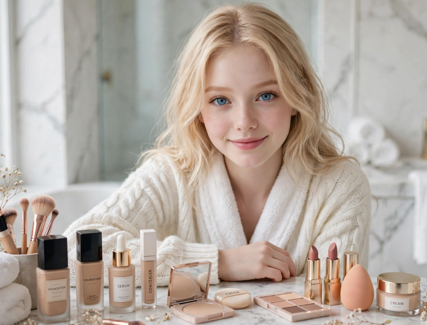 Blonde woman sitting with skincare and cosmetics vanity to explain why does my foundation look cakey