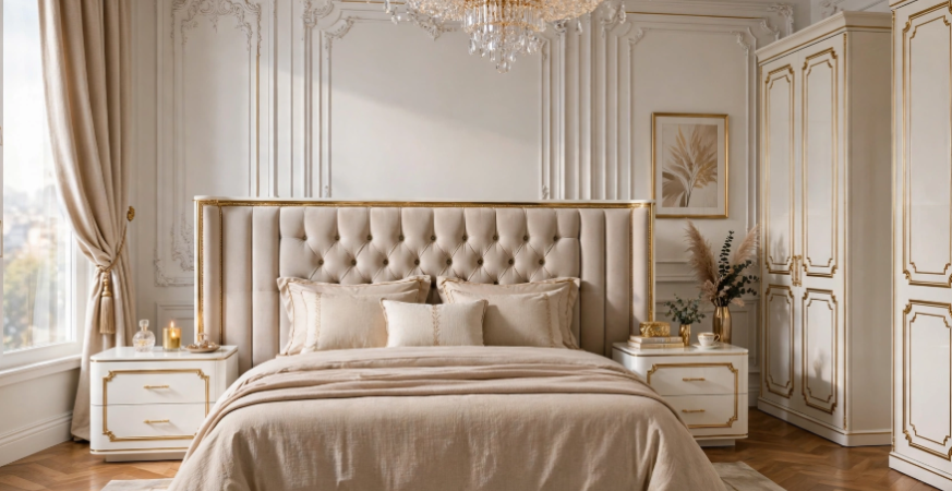 25 Luxury Home Decor Ideas for an Elegant, High-End Look Luxury bedroom decor featuring an upholstered tufted headboard, crystal chandelier, matching white and gold nightstands, and elegant moulding.