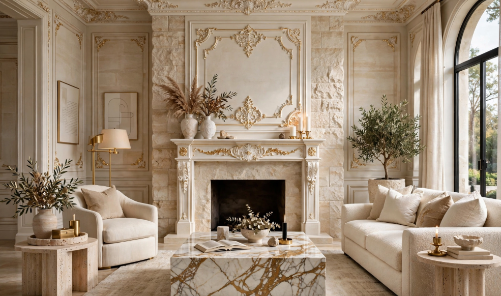 Royal luxury home decor in a neoclassical living room featuring ornate gold boiserie wall moulding, crystal chandelier, and tufted beige sofas.
